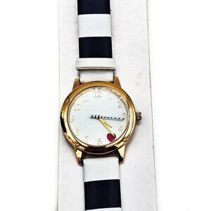 MOVT Women’s Quartz Fashion Watch Gold Case, Navy/White Striped Band, Red Heart